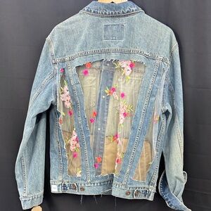 Embroidered Floral Sheer-Back Denim Jacket by Jagged Threads